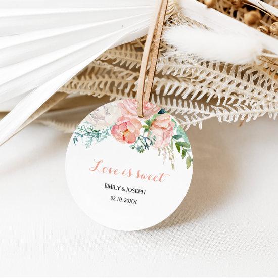 Modern Pink Tropical Floral Love is Sweet Wedding Classic Round Sticker