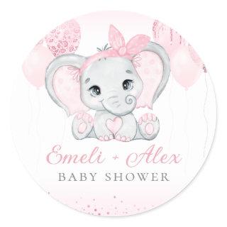 Modern Pink Watercolor Elephant Girl Baby Shower  Classic Round Sticker