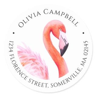Modern Pink Watercolor Flamingo Return Address Classic Round Sticker