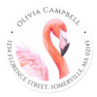 Modern Pink Watercolor Flamingo Return Address Classic Round Sticker