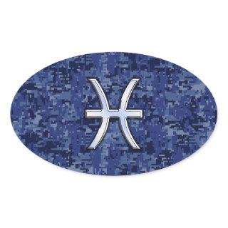 Modern Pisces Zodiac Sign Navy Blue Digital Camo Oval Sticker
