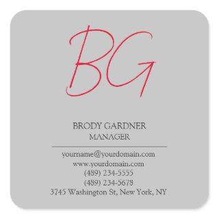 Modern plain minimalist grey red monogram initials square sticker