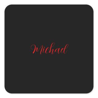 Modern plain simple minimalist add name black red square sticker