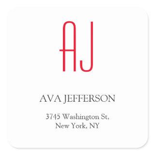 Modern plain vertical simple white red monogram square sticker