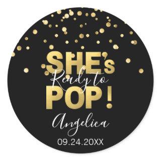 Modern Ready to Pop Baby Shower Gold Black Classic Round Sticker