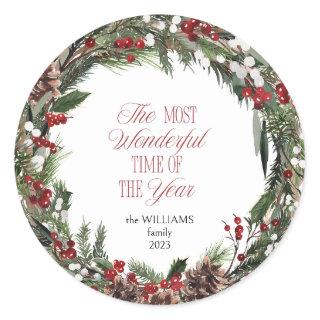 Modern Red Berry Wreath Christmas Typography Classic Round Sticker