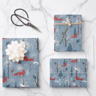 Modern Red Blue Nordic Winter Foxes Birds Pattern   Sheets