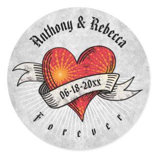 Modern Red Heart Add Names and Date Classic Round Sticker