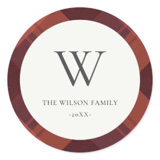 Modern Red Maroon Marsala Plaid Pattern Monogram Classic Round Sticker