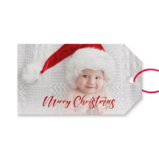 Modern Red Merry Christmas Script Photo Gift Tags