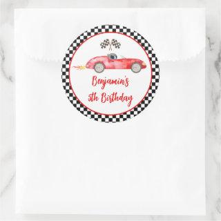 Modern Red Race Car Birthday Classic Round Sticker