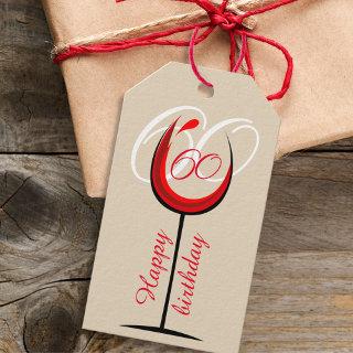 Modern Red Wine Glass Script 60th Birthday Gift Tags