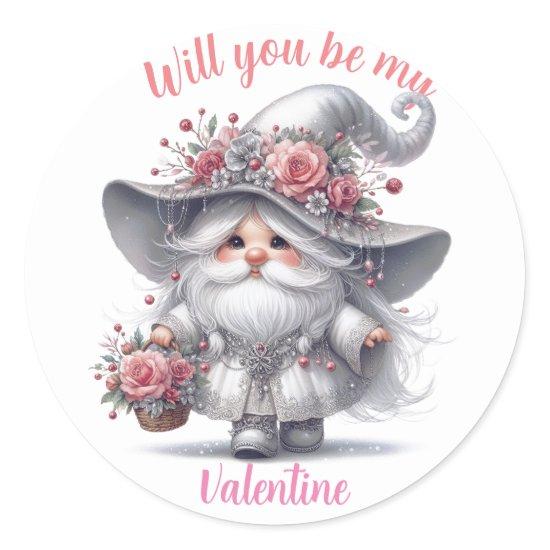 Modern retro floral basket cute valentine gnome classic round sticker