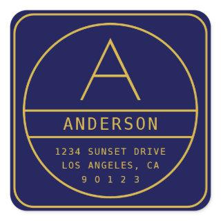 Modern Return Address & Monogram | Gold & Navy Square Sticker