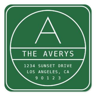Modern Return Address & Monogram | Green Square Sticker