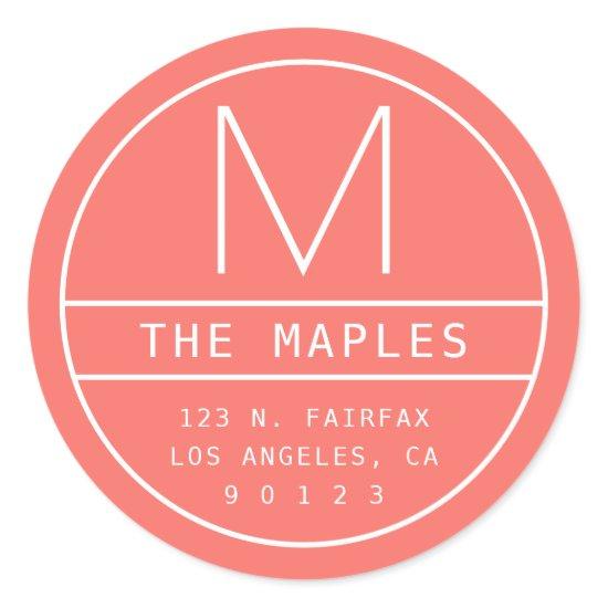 Modern Return Address & Monogram | Living Coral Classic Round Sticker