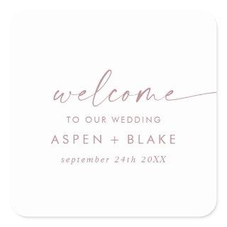 Modern Rose Gold Script Wedding Welcome Square Sticker