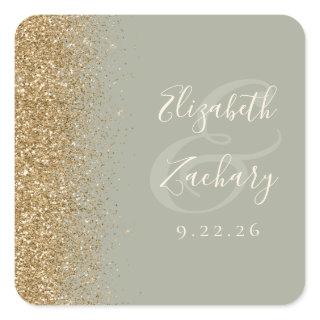 Modern Sage Green Gold Glitter Edge Wedding Square Sticker