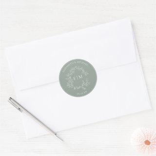 Modern Sage Green Leafy Crest Monogram Wedding Cla Classic Round Sticker