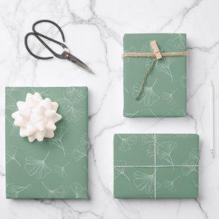 Modern Sage Green with White Ginkgo Biloba Leaves   Sheets
