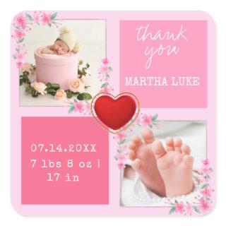 Modern Script Custom Newborn Baby Photo Thank you Square Sticker