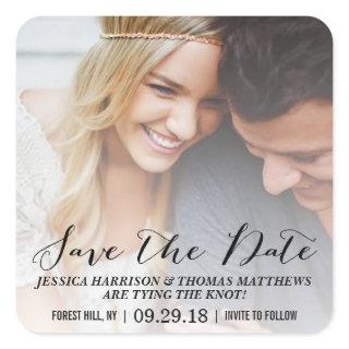 Modern Script | Custom Photo Save The Date Square Sticker