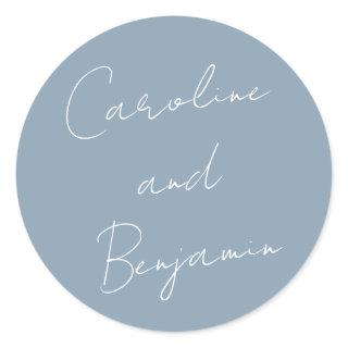 Modern Script Handwriting Dusty Blue Wedding  Classic Round Sticker
