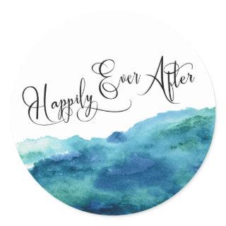 Modern Script Happily Ever After Blue Green Aqua Classic Round Sticker
