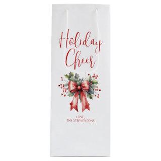 Modern Script Holiday Cheer Red Bow Name Wine Gift Bag