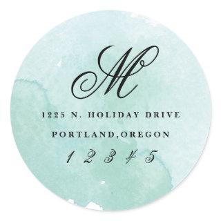 Modern script monogram watercolor return address classic round sticker