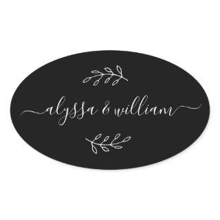 Modern Script Name Simple Black Chic Minimalist Oval Sticker