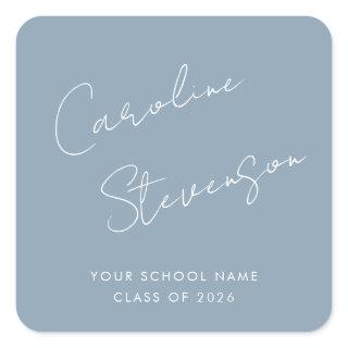 Modern Script Personalized Graduation Dusty Blue Square Sticker