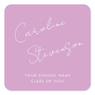 Modern Script Personalized Name Graduation Purple Square Sticker