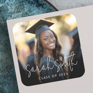 Modern script photo graduation square sticker