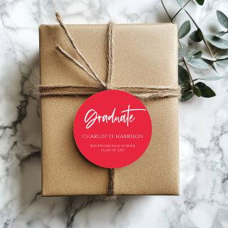 Modern Script Red White Graduation Classic Round Sticker