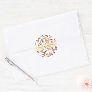 Modern Shining Rose Gold Botanical Leaves Pattern Classic Round Sticker