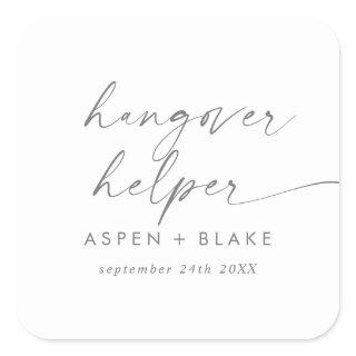 Modern Silver Script Hangover Helper Wedding Favor Square Sticker
