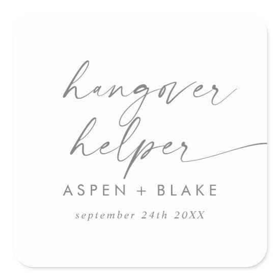 Modern Silver Script Hangover Helper Wedding Favor Square Sticker