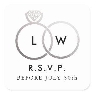 Modern Silver Wedding Rings RSVP Reply Square Sticker