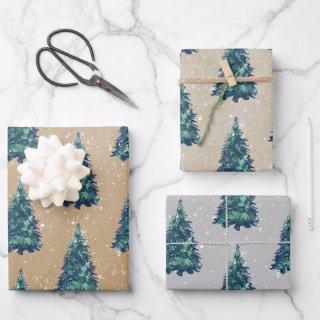 Modern Simple Kraft Snowy Green Christmas Trees  Sheets