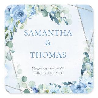 Modern soft pastel blue flowers silver frame sage square sticker