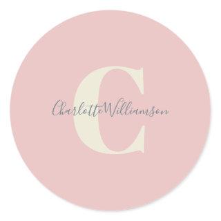 Modern Stylish Calligraphy Monogrammed Name Pink Classic Round Sticker