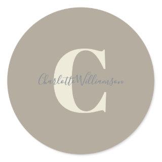 Modern Stylish Calligraphy Monogrammed Name Taupe Classic Round Sticker