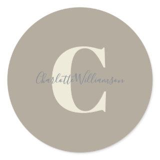 Modern Stylish Calligraphy Monogrammed Name Taupe Classic Round Sticker