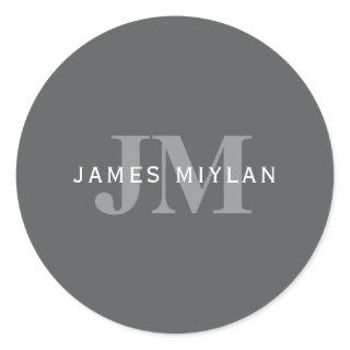 Modern Stylish Dark Grey Monogram & Name Classic Round Sticker