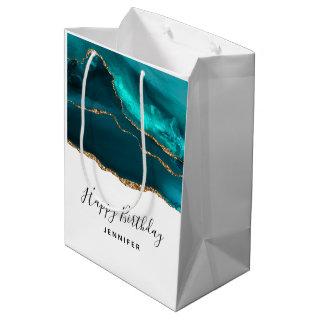Modern Stylish Teal Agate & Gold Ribbon Birthday Medium Gift Bag