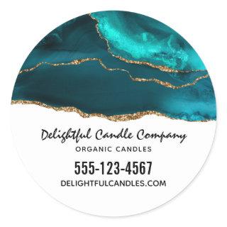 Modern Stylish Teal Agate & Gold Ribbon Business Classic Round Sticker