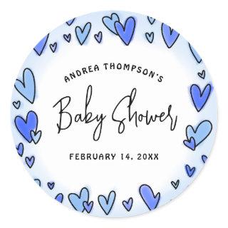 Modern Sweet Valentine Blue Hearts Baby Shower Classic Round Sticker