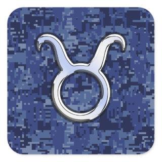 Modern Taurus Zodiac Sign Blue Digital Camouflage Square Sticker