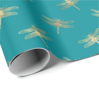 Modern Teal Gold Dragonfly Pattern